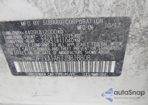 2018 Subaru Wrx z USA, uszkodzony, nr VIN JF1VA1A67J9818808